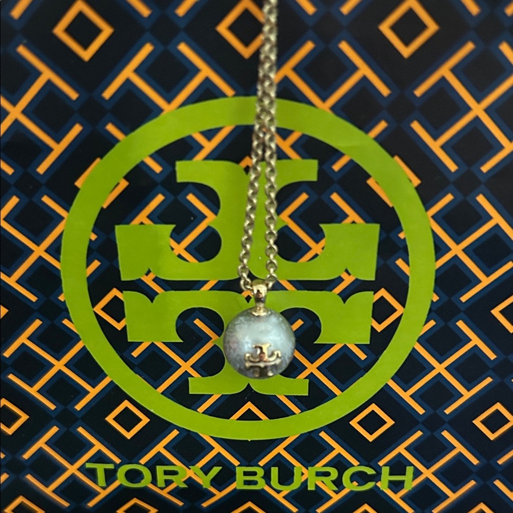 Tory Burch Gold and Silver Pearl Logo Charm Necklace
